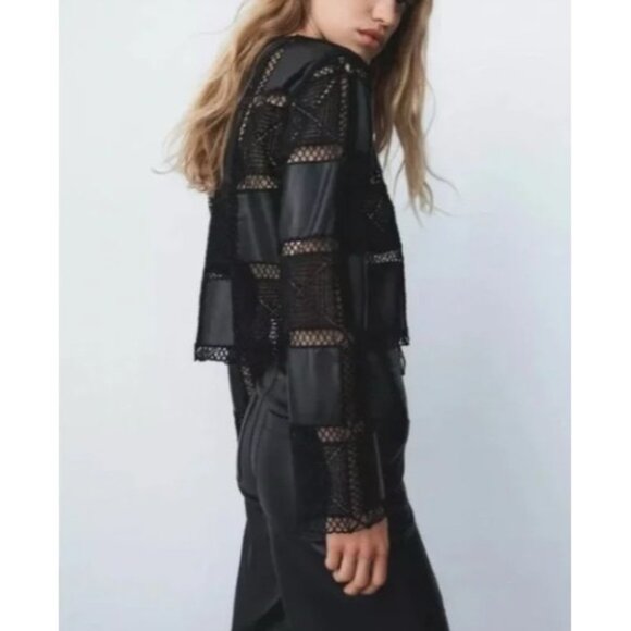 Zara Top Womens Medium Black Vegan Leather Crochet Patchwork Whimsigoth Punk - Picture 5 of 8